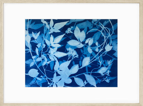 Image of branches of jasmine flowers and leaves in varying shades of blue and white. It is technically a photo but has the texture of a painting.