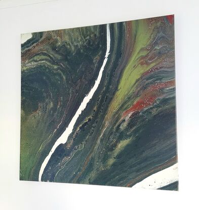 The painting depicts an abstract interpretation of a mountainous landscape as seen from a bird's-eye view. With a river flowing through the center of the canvas,
It was created using the acrylic pouring method with various greens ,sienna and white . this unique technique, allows the acrylic paints to flow and merge organically on the canvas, creating a captivating abstract landscape.