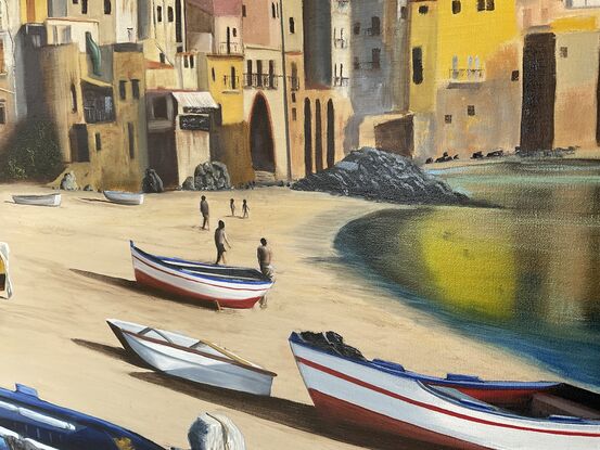 Italy Sicily Cefalù Town beach and boats.