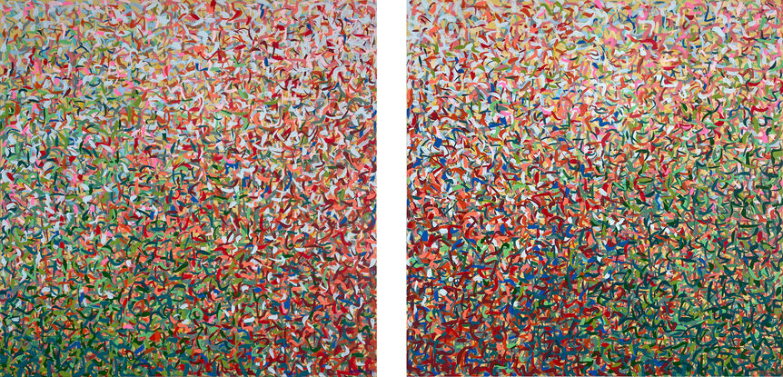 'Banksia Garden A' and 'Banksia Garden B' are very detailed paintings with colour crossing over one another to create effect. A painting to express how nature is free to do whatever it wants, without expectations. This work is specific to the colours of the gardens in Australia and how they intertwine creating a dance of their own. It is not intended to be too literal and so allows you to see whatever you can find.

Canvas Measurements A: 127cm x 127cm x 3.5cm / 50" x 50" x 1.18"
Canvas Measurements B: 127cm x 127cm x 3.5cm / 50" x 50" x 1.18"