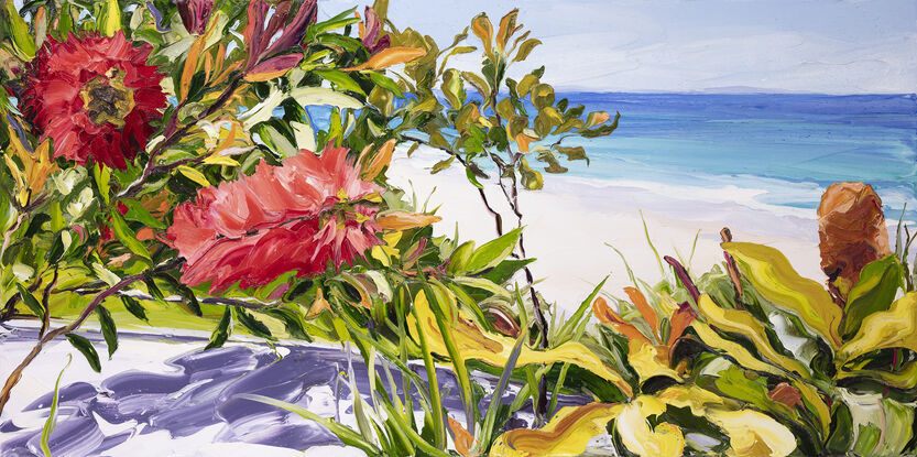 native flora with a beach and ocean background