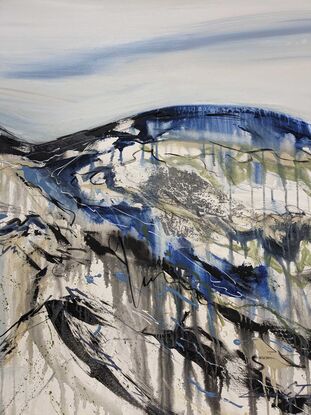 A grey, black, white, beige and blue abstract landscape of mountains