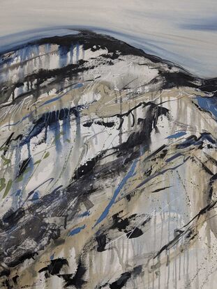 A grey, black, white, beige and blue abstract landscape of mountains