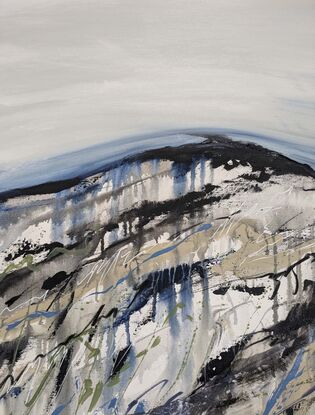 A grey, black, white, beige and blue abstract landscape of mountains