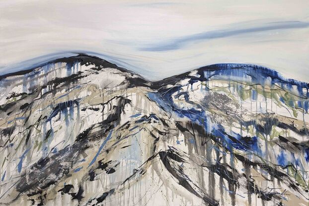 A grey, black, white, beige and blue abstract landscape of mountains