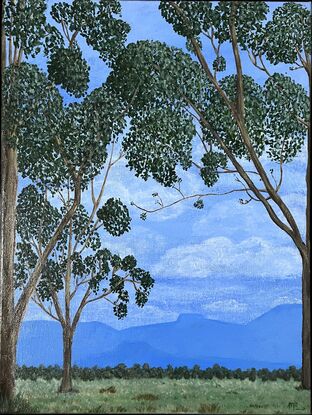 Distant mountains, Countryside, trees, blue sky, vastness of Australian landscape, blue mountains