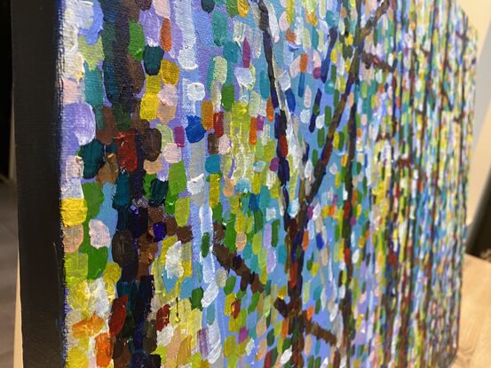 Pure colour melds together to shimmer like light in this bush forest painting. The branches and trunks emerge from the shimmer of the light created in splashes of colour. The painting has an engaging sense of
Light that leaves you with a happy vibe. 