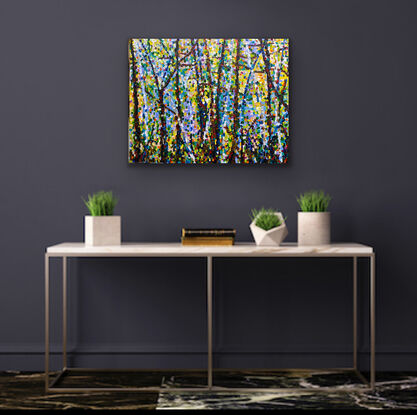 Pure colour melds together to shimmer like light in this bush forest painting. The branches and trunks emerge from the shimmer of the light created in splashes of colour. The painting has an engaging sense of
Light that leaves you with a happy vibe. 