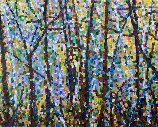 Pure colour melds together to shimmer like light in this bush forest painting. The branches and trunks emerge from the shimmer of the light created in splashes of colour. The painting has an engaging sense of
Light that leaves you with a happy vibe. 