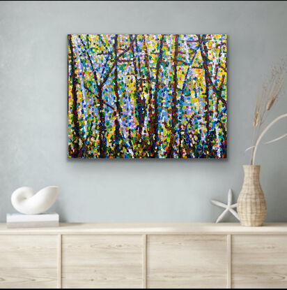 Pure colour melds together to shimmer like light in this bush forest painting. The branches and trunks emerge from the shimmer of the light created in splashes of colour. The painting has an engaging sense of
Light that leaves you with a happy vibe. 