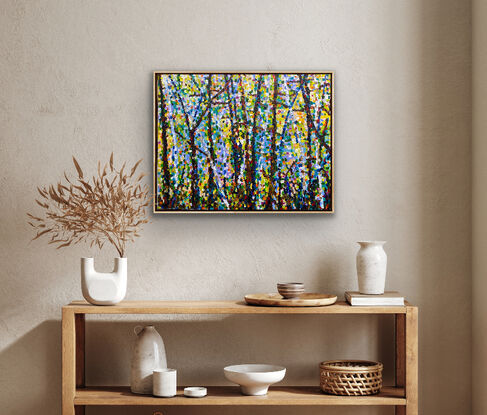 Pure colour melds together to shimmer like light in this bush forest painting. The branches and trunks emerge from the shimmer of the light created in splashes of colour. The painting has an engaging sense of
Light that leaves you with a happy vibe. 