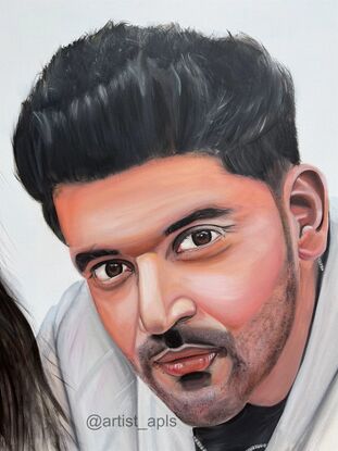 Acrylic portrait on canvas depicting male Punjabi/Bollywood singer Guru Randhawa and female Moroccan dancer Nora Fatehi.