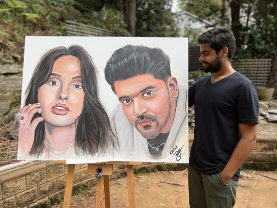 Acrylic portrait on canvas depicting male Punjabi/Bollywood singer Guru Randhawa and female Moroccan dancer Nora Fatehi.