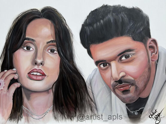 Acrylic portrait on canvas depicting male Punjabi/Bollywood singer Guru Randhawa and female Moroccan dancer Nora Fatehi.