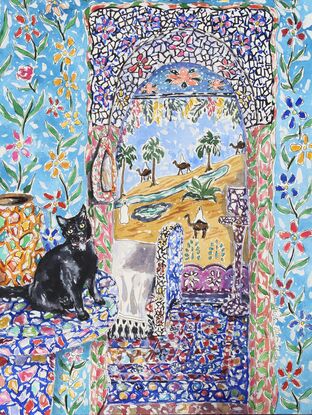 A highly detailed painting depicting ceramic and glass tiles and a black cat.  This painting has a lovely color palette of blues and teals with hints of red.