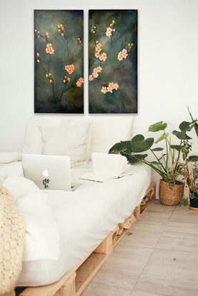 Peach colored blooms and buds on bare branches of Japonica. This painting is a diptych.