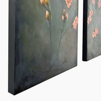 Peach colored blooms and buds on bare branches of Japonica. This painting is a diptych.