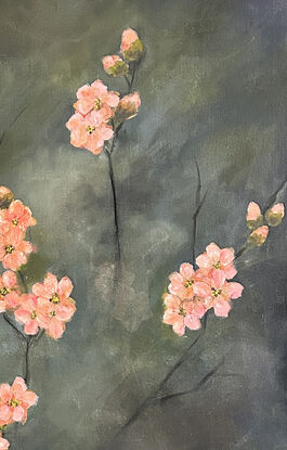 Peach colored blooms and buds on bare branches of Japonica. This painting is a diptych.