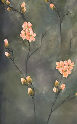 Peach colored blooms and buds on bare branches of Japonica. This painting is a diptych.