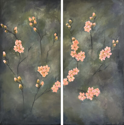 Peach colored blooms and buds on bare branches of Japonica. This painting is a diptych.