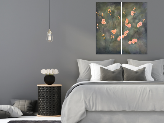 Peach colored blooms and buds on bare branches of Japonica. This painting is a diptych.