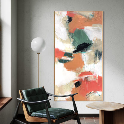 bold textured marks in black, apricot, orange and mint, olive, dark green and areas of white, beige, grey and white expressive marks across a large canvas