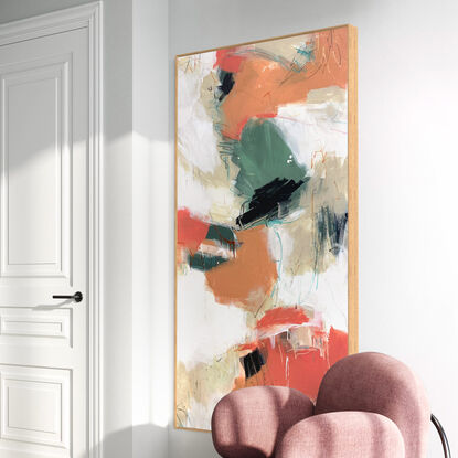 bold textured marks in black, apricot, orange and mint, olive, dark green and areas of white, beige, grey and white expressive marks across a large canvas