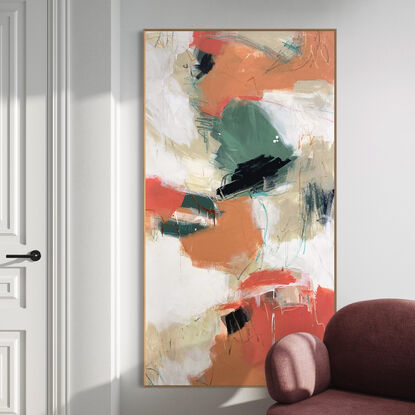 bold textured marks in black, apricot, orange and mint, olive, dark green and areas of white, beige, grey and white expressive marks across a large canvas