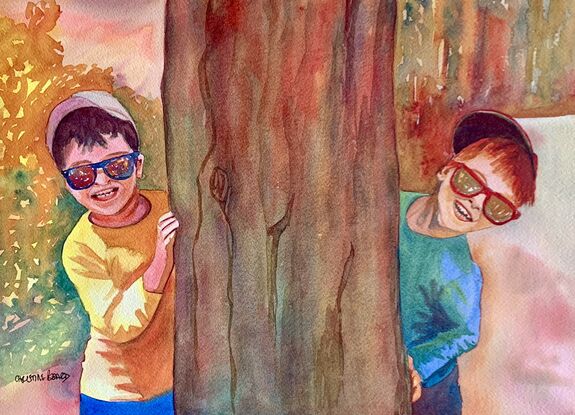 artwork showing two brothers peeping out from behind a tree and smiling hugely