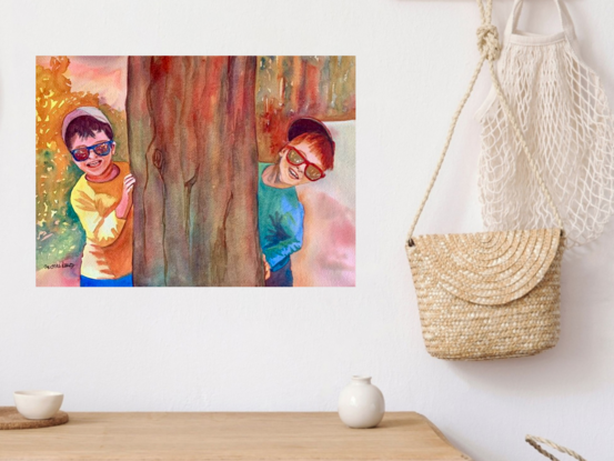 artwork showing two brothers peeping out from behind a tree and smiling hugely