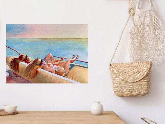 artwork showing two ladies lying back sunbathing on the back of a motorboat sailing in the ocean
