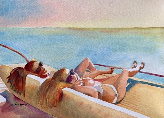 artwork showing two ladies lying back sunbathing on the back of a motorboat sailing in the ocean
