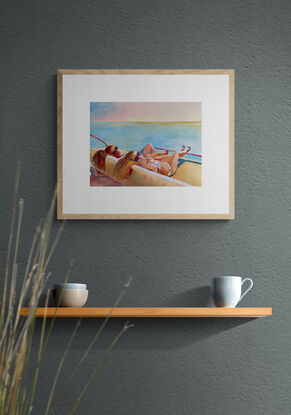 artwork showing two ladies lying back sunbathing on the back of a motorboat sailing in the ocean
