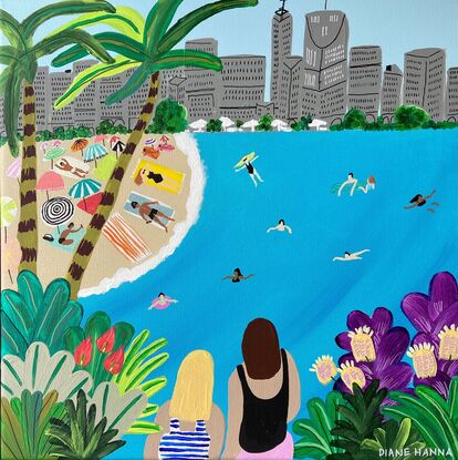 People on Southbank Beach in Brisbane, watched by two females from the lush native gardens that surrounds it.