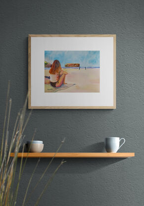 artwork showing a woman in bikini sitting on the beach watching people playing at the edge of the water
