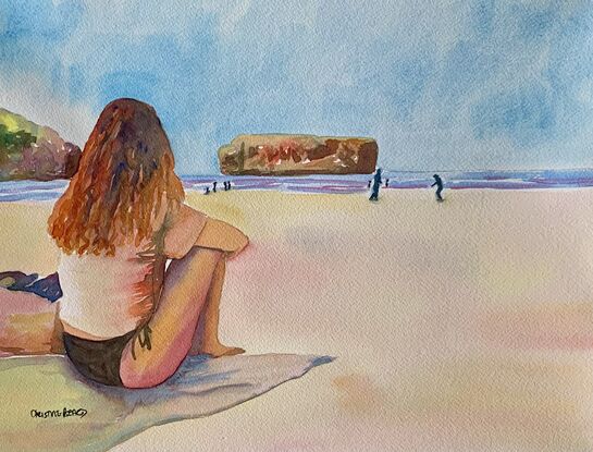 artwork showing a woman in bikini sitting on the beach watching people playing at the edge of the water
