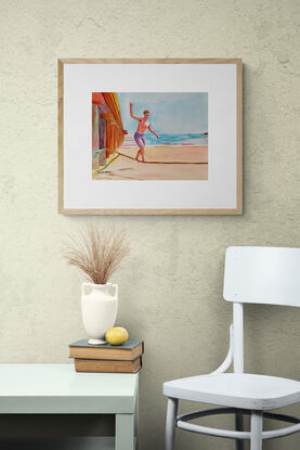 artwork showing a man on the beach dressed in swim shorts walking the tight rope tied to the wooden pier 
