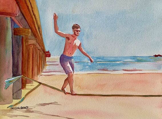 artwork showing a man on the beach dressed in swim shorts walking the tight rope tied to the wooden pier 
