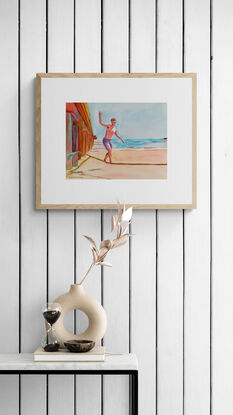 artwork showing a man on the beach dressed in swim shorts walking the tight rope tied to the wooden pier 
