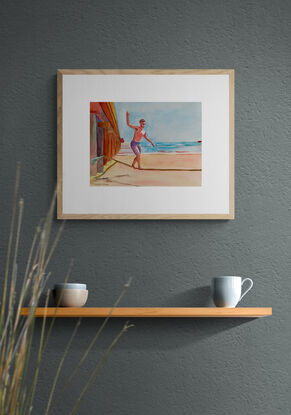 artwork showing a man on the beach dressed in swim shorts walking the tight rope tied to the wooden pier 
