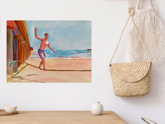 artwork showing a man on the beach dressed in swim shorts walking the tight rope tied to the wooden pier 
