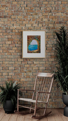 artwork showing an ocean view through the window in a rocky wall 
