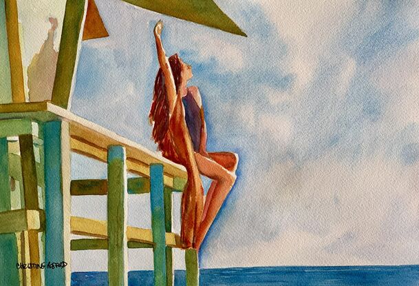 artwork showing a woman stretching her arms into the sky sitting on a deck overlooking the ocean
