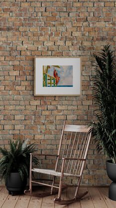 artwork showing a woman stretching her arms into the sky sitting on a deck overlooking the ocean
