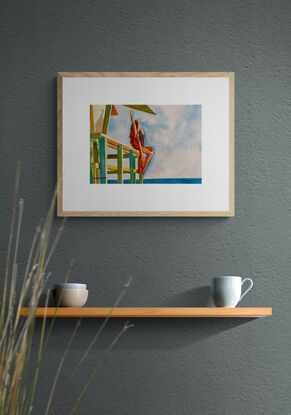 artwork showing a woman stretching her arms into the sky sitting on a deck overlooking the ocean
