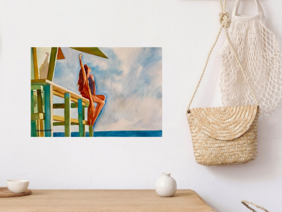 artwork showing a woman stretching her arms into the sky sitting on a deck overlooking the ocean
