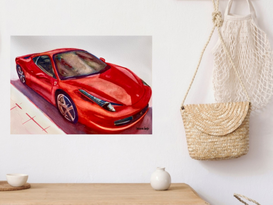  artwork showing a red ferrari gleaming in the sunshine
