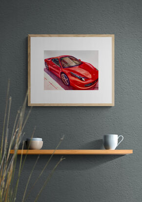  artwork showing a red ferrari gleaming in the sunshine
