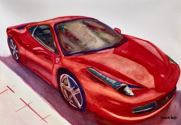  artwork showing a red ferrari gleaming in the sunshine
