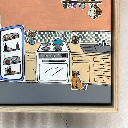 Simplify nostalgic kitchen with dog and fridge. 